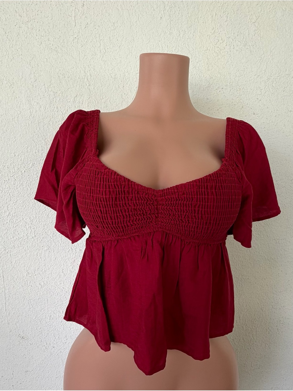Smocked Square-Neck Crop Top in Burgundy
